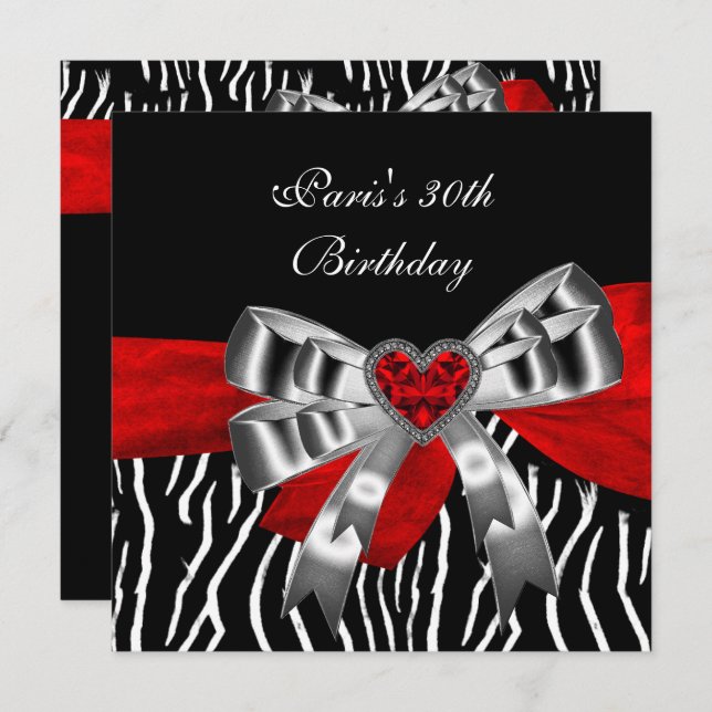 30th Birthday Party Silver Red Black White Zebra Invitation (Front/Back)