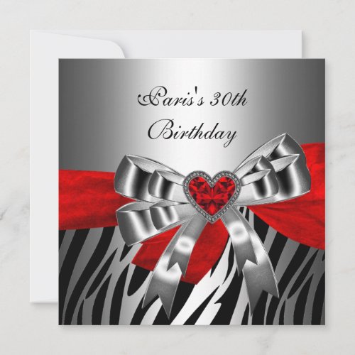 30th Birthday Party Silver Red Black Zebra Custom Invitation