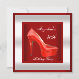 30th Birthday Party Silver Red High Heel Shoes Invitation
