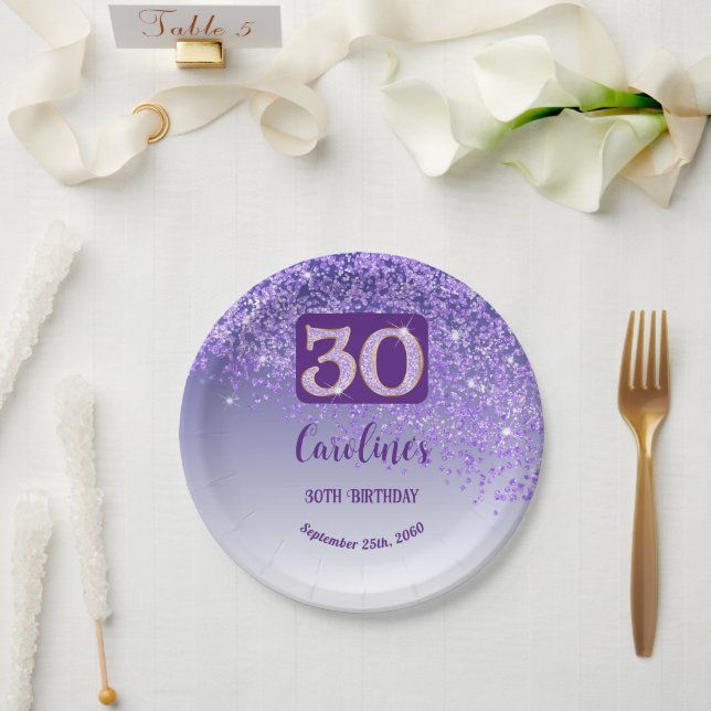 30th Birthday Party Sparkle Purple Glitter Paper Plates (Wedding)