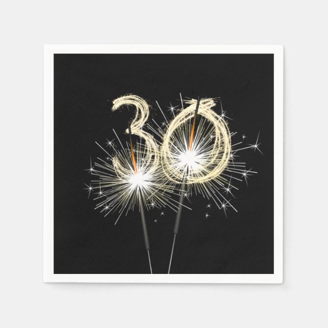 30th Birthday Party Sparklers on Black Napkins (Front)