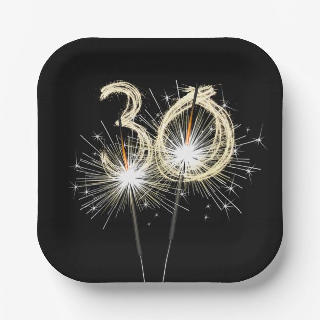30th Birthday Party Sparklers on Black  Paper Plates (Front)