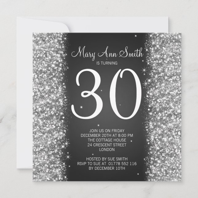 30th Birthday Party Sparkling Glitter Black Invitation (Front)