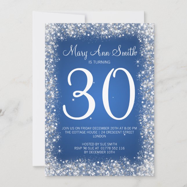30th Birthday Party Sparkling Glitter Sapphire Blu Invitation (Front)
