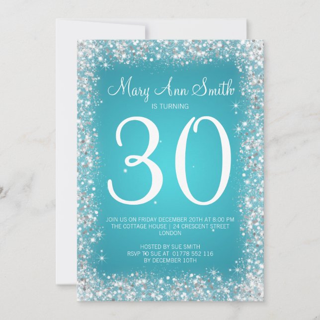 30th Birthday Party Sparkling Glitter Turquoise Invitation (Front)