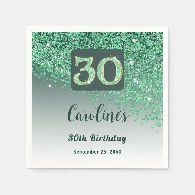 30th Birthday Party Sparkling Green Glitter Napkins (Front)