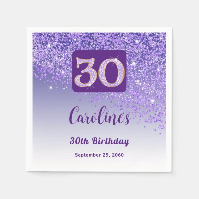 30th Birthday Party Sparkling Purple Glitter Napkins (Front)