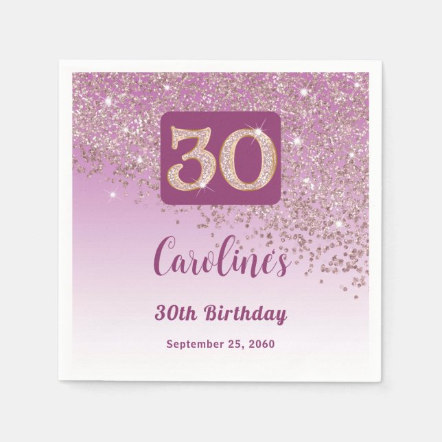 30th Birthday Party Sparkling Rose Gold Glitter Napkins (Front)