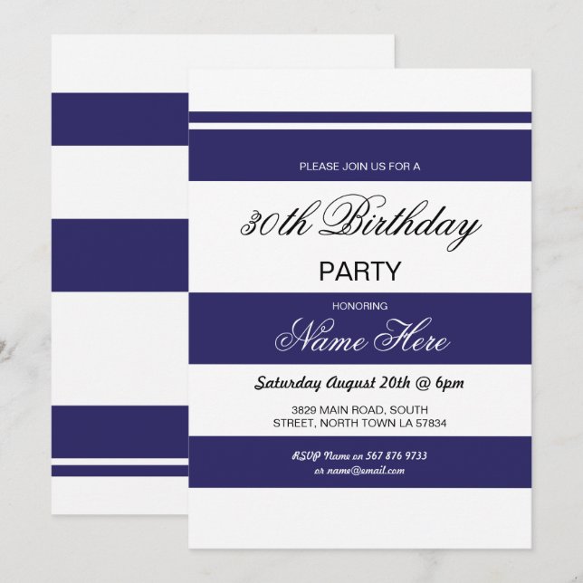 30th Birthday Party Stripe Navy & White Invite 40 (Front/Back)
