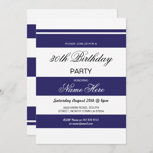 30th Birthday Party Stripe Navy  White Invite 40