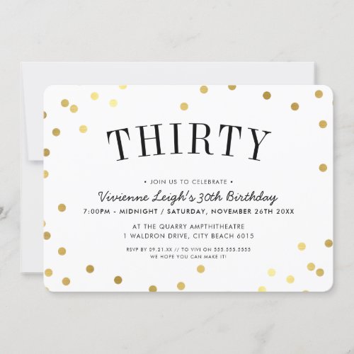 30TH BIRTHDAY PARTY stylish gold confetti spots Invitation