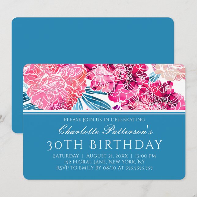 30th Birthday Party Stylish Pink Floral Pattern Invitation (Front/Back)