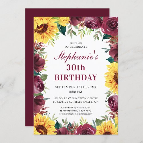 30th Birthday Party Sunflower Burgundy Rose Border Invitation
