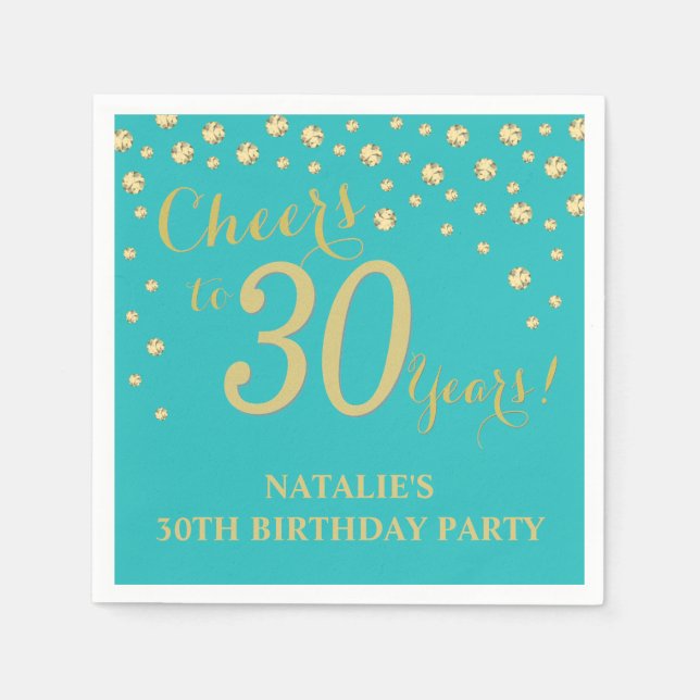 30th Birthday Party Teal and Gold Diamond Napkins (Front)