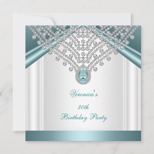 30th Birthday Party Teal Blue White Diamonds Custom Invitations