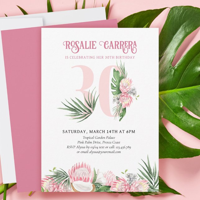 30th Birthday Party Tropical Pink Protea Number 30 Invitation (Creator Uploaded)