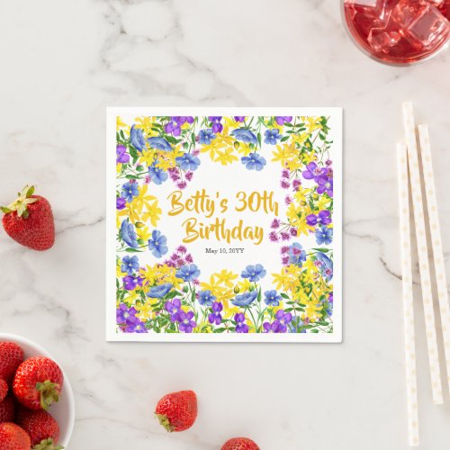 30th Birthday Party Watercolor Wild Flowers Napkins