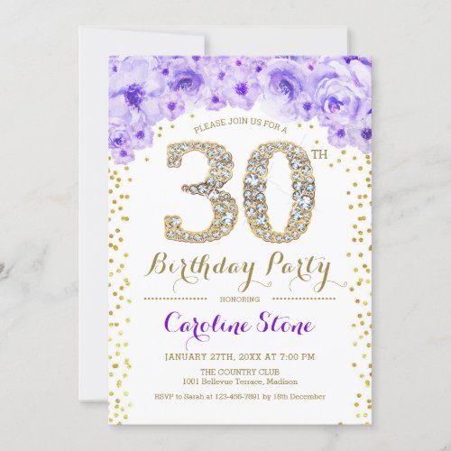 30th Birthday Party _ White Gold Purple Invitation