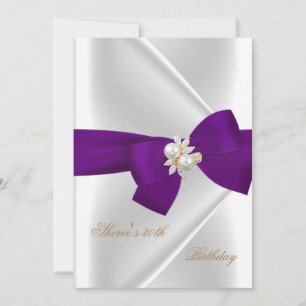 30th Birthday Party White Pearl Jewel Purple Bow Invitation