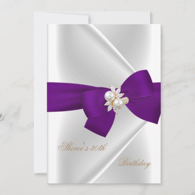 30th Birthday Party White Pearl Jewel Purple Bow Invitation (Front)