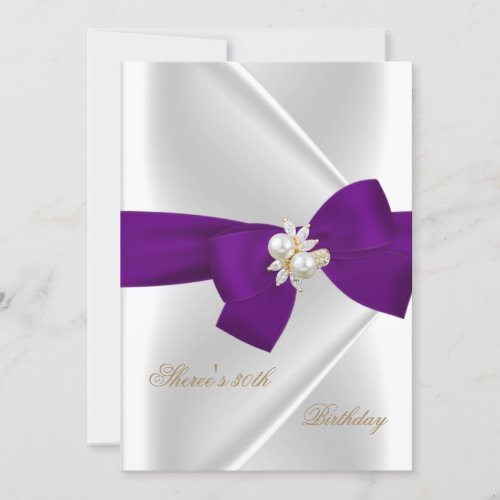 30th Birthday Party White Pearl Jewel Purple Bow Invites