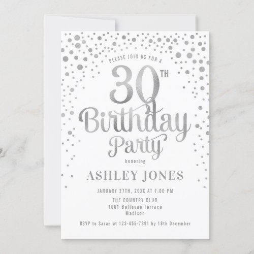 30th Birthday Party _ White  Silver Invitation
