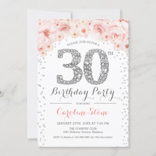 30th Birthday Party _ White Silver Pink Invitation