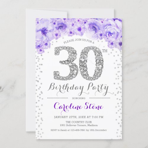 30th Birthday Party _ White Silver Purple Invitation