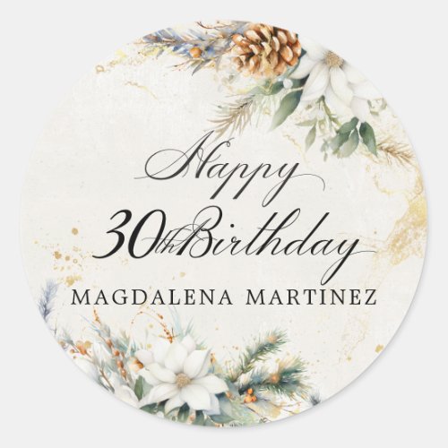 30th Birthday Party White Winter Floral Custom Classic Round Sticker