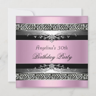 30th Birthday Party Zebra Black Silver Pink Invitation