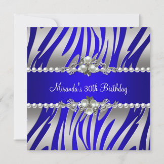 30th Birthday Party Zebra Blue Pearl Silver Invitation