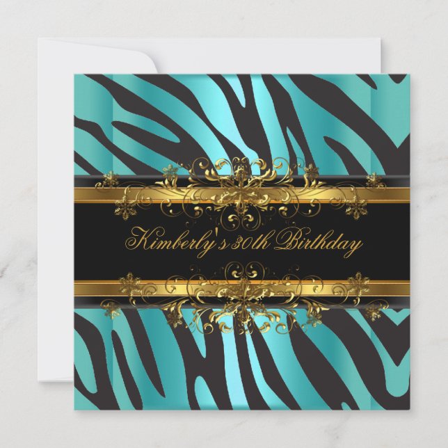 30th Birthday Party Zebra Teal Blue Gold Black Invitation (Front)