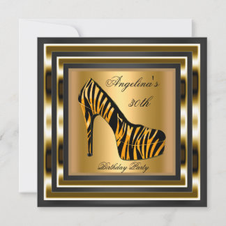 30th Birthday Party Zebra Wild Black Gold Shoe Invitation