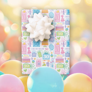 30th Birthday Pastel Pink Cake Presents Balloons Wrapping Paper Sheets