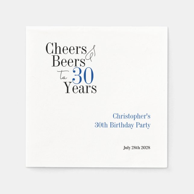 30th Birthday Personalized Cheers Beers Party Napkins (Front)