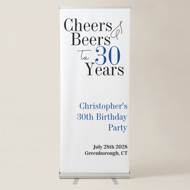 30th Birthday Personalized Cheers Beers Party Retractable Banner (Front)