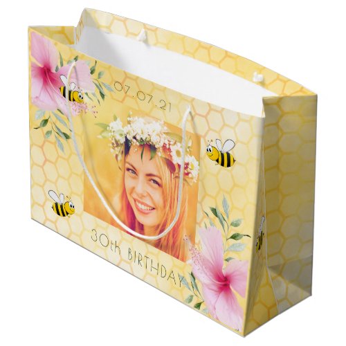 30th birthday photo bee honeycomb pink flowers large gift bag