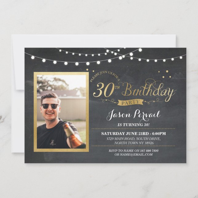 30th Birthday Photo Chalk Rustic Gold Invitation (Front)