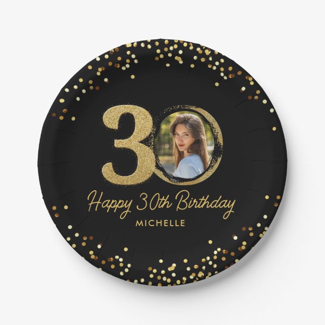 30th Birthday Photo Chic Black Gold Glitter Custom Paper Plates (Front)