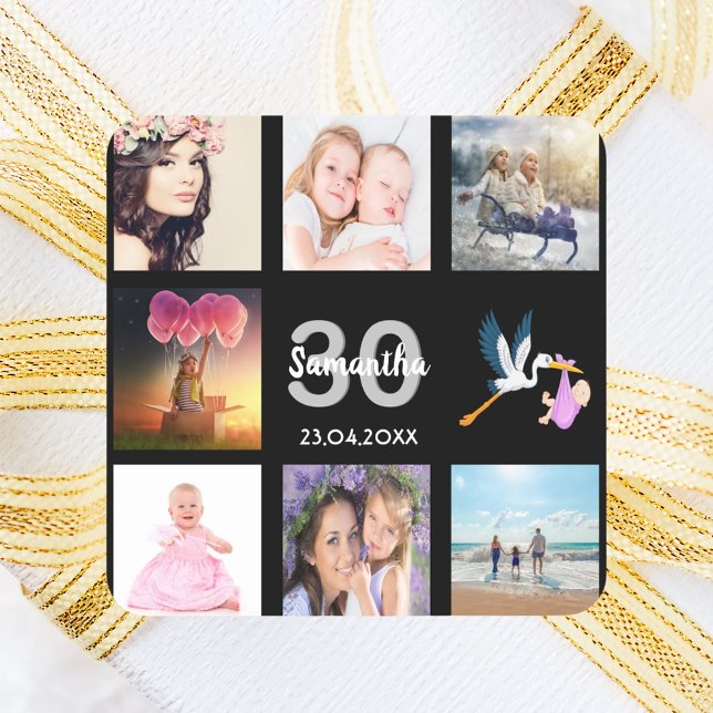 30th birthday photo collage black monogram square sticker (Creator Uploaded)