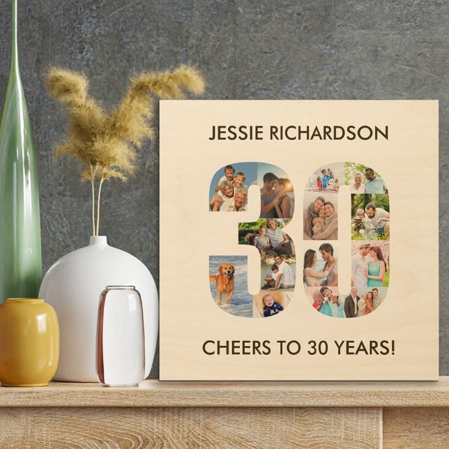 30th Birthday Photo Collage Number 30 Custom Wood Wall Art (Creator Uploaded)