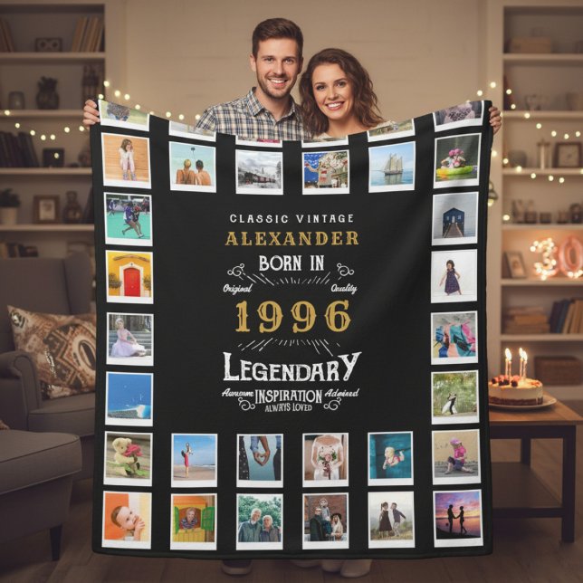 30th Birthday Photo Collage Son Or Husband Fleece Blanket (1996 fleece photo blanket held by a couple in a room.)