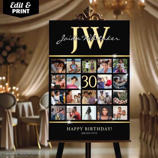 30th Birthday Photo Collage with Custom Initials  Foam Board (30th Birthday Photo Collage with Custom Initials Foam Board Black Gold Party Decor)