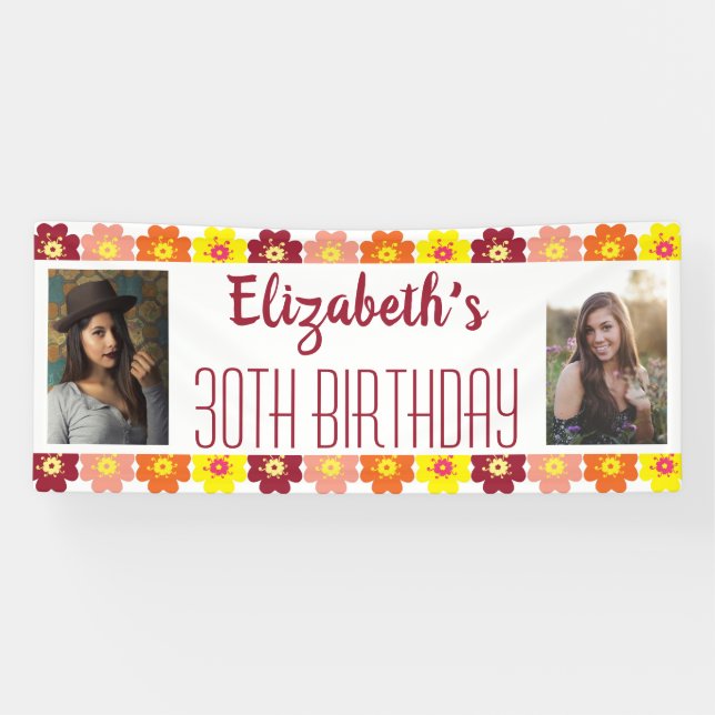 30th Birthday Photo Colorful Flowers Banner (Horizontal)