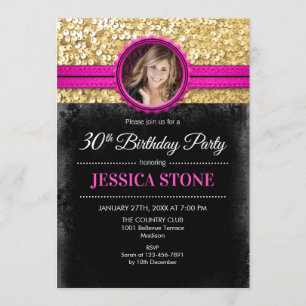 30th Birthday Photo - Gold Black Hot Pink Invitation