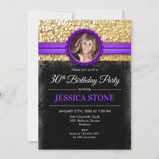 30th Birthday Photo - Gold Black Purple Invitation (Front)
