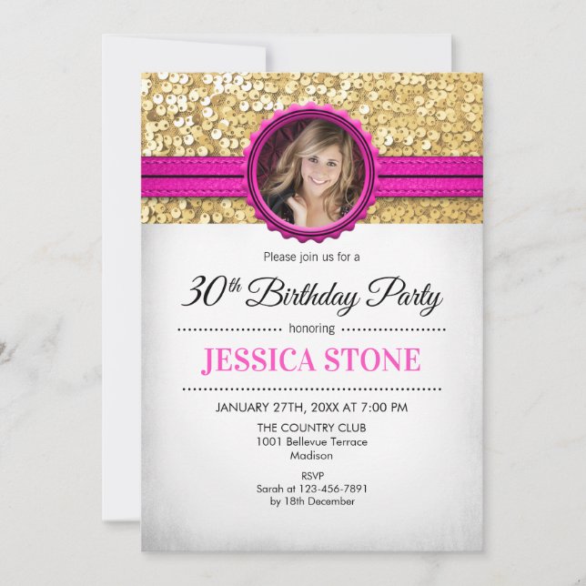 30th Birthday Photo - Gold White Hot Pink Invitation (Front)