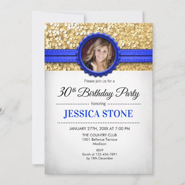 30th Birthday Photo - Gold White Royal Blue Invitation (Front)