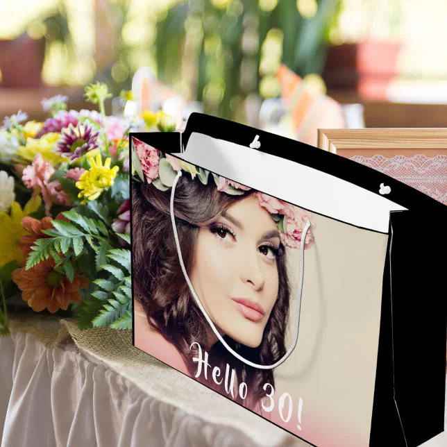 30th birthday photo hello 30 black large gift bag | Zazzle