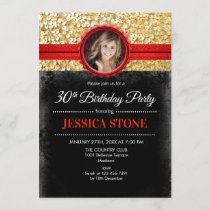 30th Birthday Photo Invitation - Gold Black Red